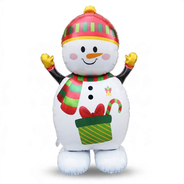 Globo inflable de pie de muñeco de nieve con gorro, bufanda y regalo 156 x 81,5 cm Blanco, rojo y verde Decoración navideña para el hogar y la tienda 1