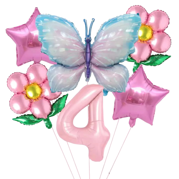Globos de foil número 4 con mariposa, estrellas y flores 81,3 cm y 45,7 cm Globos de foil rosa azul decoración de cumpleaños 1