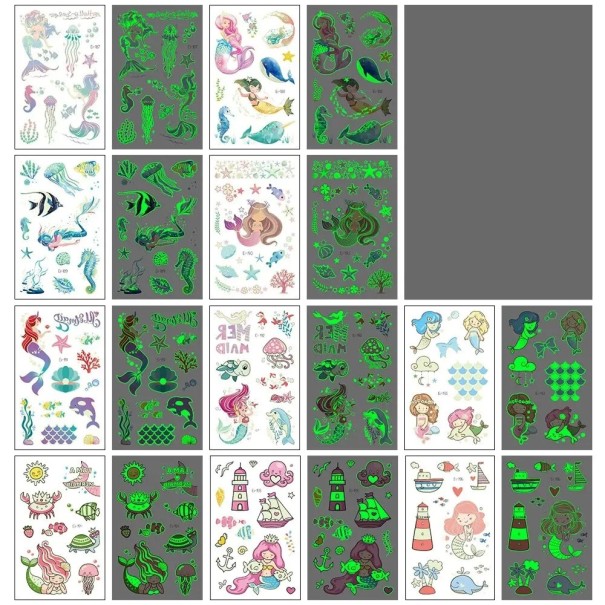 Glow-in-the-dark Temporary Tattoo Set with Mermaid and Marine World Designs Colourful Body Tattoo Stickers Set of Sheets 1