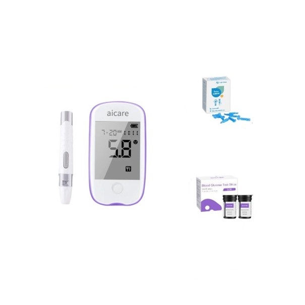 Glucomètre pour la mesure de glucose 20–600 mg/dL 1,1–33,3 mmol/l 500 mémoires test de 5s échantillon 0,6 μl Kit de 50 bandes et 50 lancettes avec stylo de prélèvement Sans batterie 1