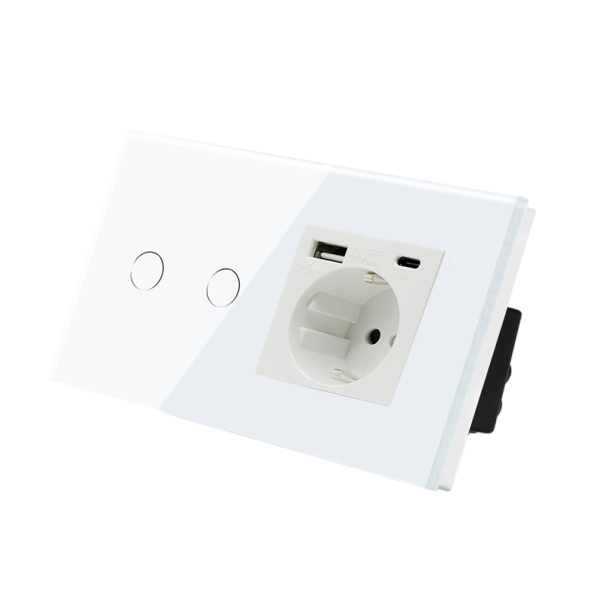 Gniazdo typu F z ładowaniem USB i USB-C Przełącznik dotykowy 2-kanałowy z ramką montażową Biały panel ścienny do instalacji elektrycznych domowych 1