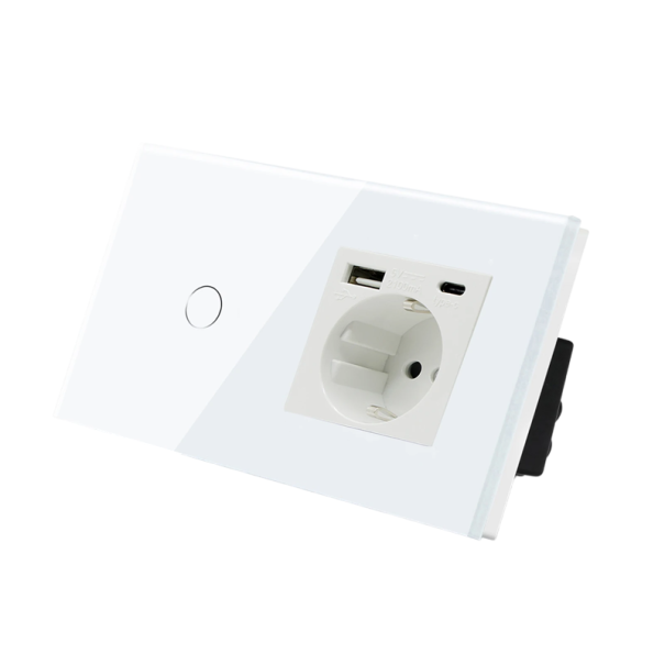 Gniazdo typu F z wyjściami USB i USB-C z 1-krotnym wyłącznikiem dotykowym i ramką montażową naścienną Nowoczesne gniazdo elektryczne 230 V 1
