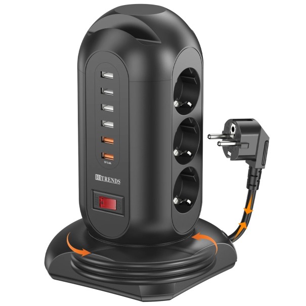 Gniazdo z przedłużaczem z 9 gniazdami i 6 portami USB 22,6 × 9,4 cm materiał PC 250 V 1875 W z ochroną przed przeciążeniem na stół czarny