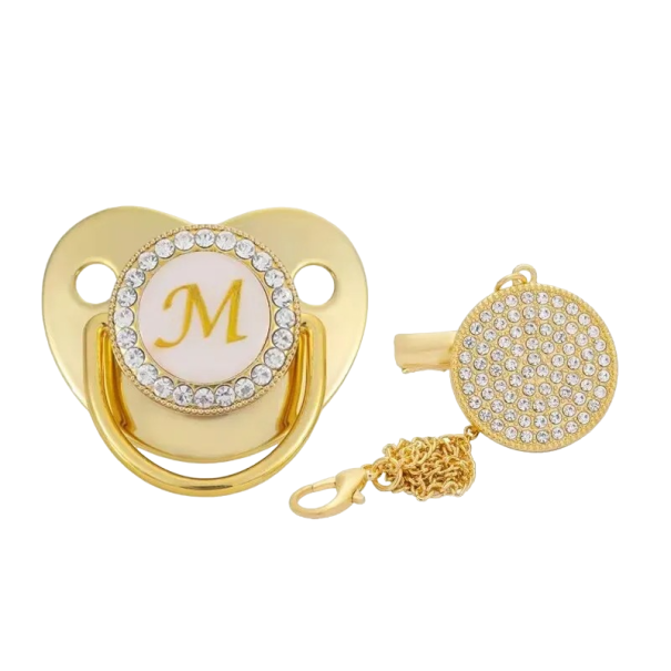 Golden Pacifier and Clip with Letter M 1