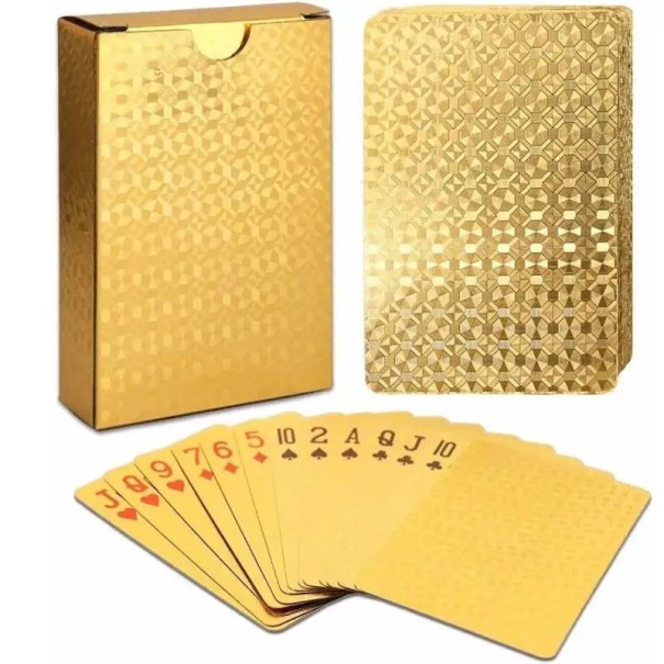 Goldene Plastikspielkarten mit geometrischem Dekor und wasserfester Oberfläche 5,7 x 8,8 cm geeignet für stilvolles Spielen von Joker Poker und Canasta 1
