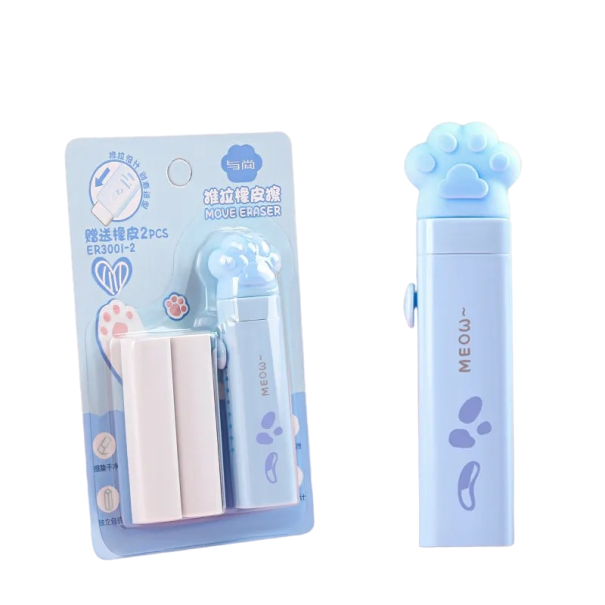 Goma de borrar retráctil con forma de pata de gato Goma de borrar infantil con mecanismo retráctil Goma de borrar extraíble para niños Goma de borrar con forma de pata de gato 10,5 x 2 cm azul
