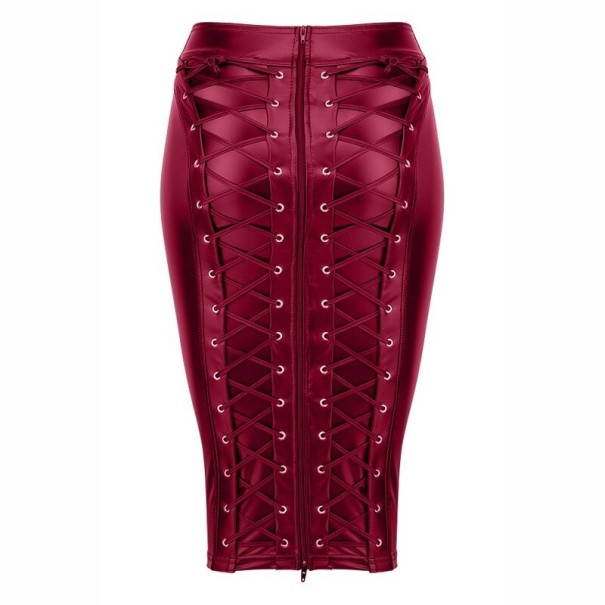 Gonna in pelle da donna con zip e lacci bordeaux XL