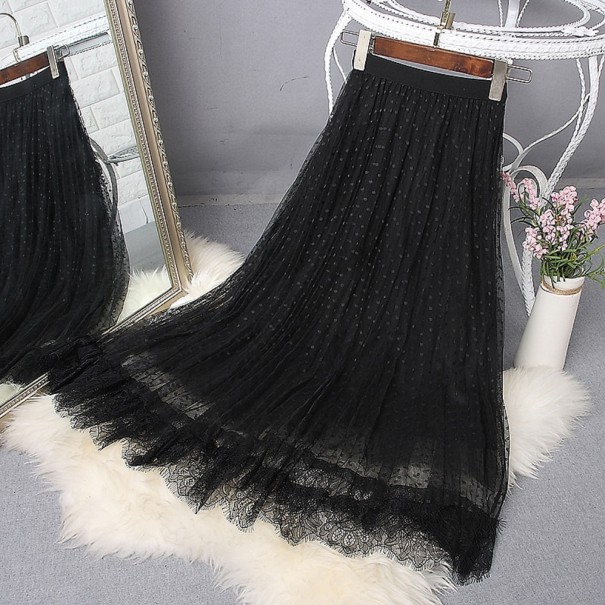 Gonna lunga in tulle da donna con pois e orlo in pizzo Leggermente plissettata Vita elastica ampia Pizzo floreale Cotone e poliestere nero