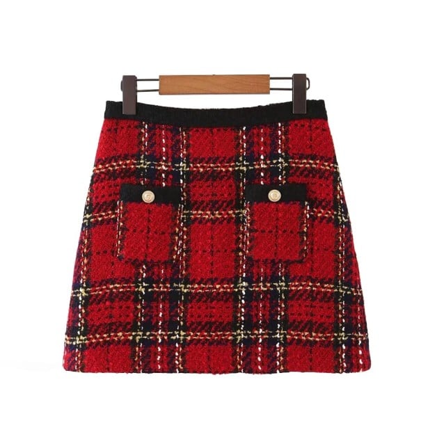Gonna mini a trapezio da donna con motivo a quadri rossi Due tasche frontali con bottoni dorati Tessuto strutturato Cotone e poliestere S