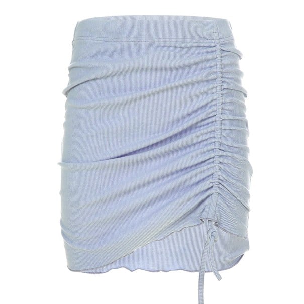 Gonna mini donna con arricciatura e coulisse laterale Gonna in maglia a coste azzurro chiaro Vita elastica Cotone poliestere e spandex XS