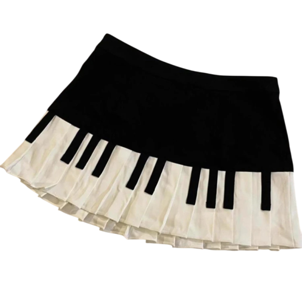 Gonna mini pieghettata bianca e nera con motivo pianoforte Gonna corta a forma di A con tasti Stile retro musicale per amanti del pianoforte M