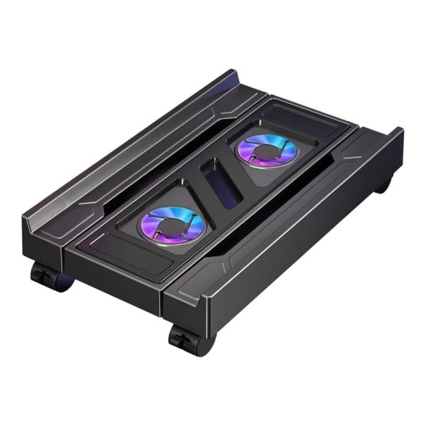 Görgős számítógépház állvány 42,8 x 8,9 x 24–34 cm, kihúzható RGB ventilátorokkal és fékezhető kerekekkel fekete színben 1