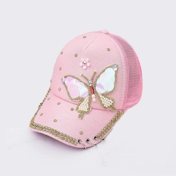 Gorra de mujer con mariposa de lentejuelas y perlas Algodón Anillos metálicos en la visera Decoración de piedras Circunferencia de la cabeza rosa 2