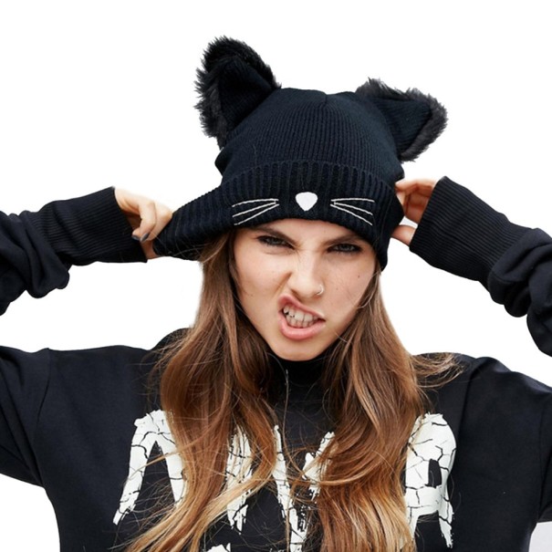 Gorro de inverno feminino com padrão de gato 1
