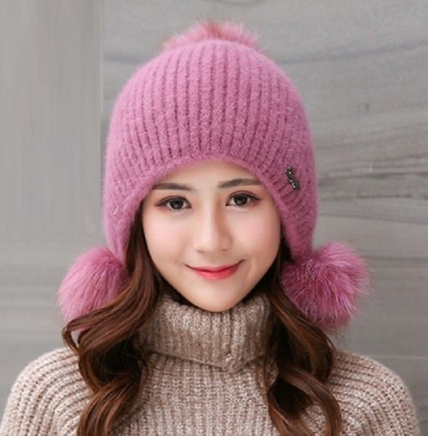 Gorro de Inverno Feminino com Pompons A1 rosa escuro