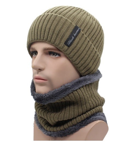 Gorro de Inverno Masculino e Cachecol caqui