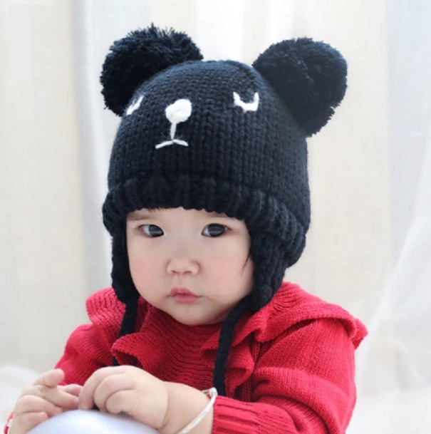 Gorro de Inverno Tricotado para Crianças em Forma de Urso J2475 preto