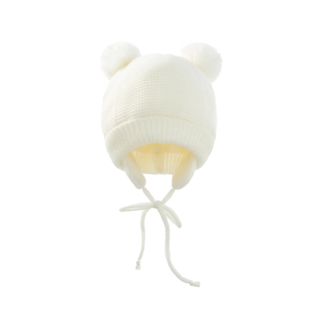 Gorro de invierno para bebés con orejeras y pompones 19 × 18 cm 0–12 meses Algodón acrílico Gorro con cintas bajo el cuello Gorro cálido para bebés blanco