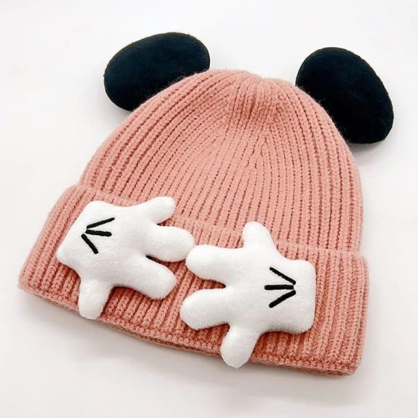 Gorro de invierno para niños con orejas de ratón y manos en 3D Edad 2–8 años Gorro de acrílico cálido Estilo animado Gorro infantil rosa