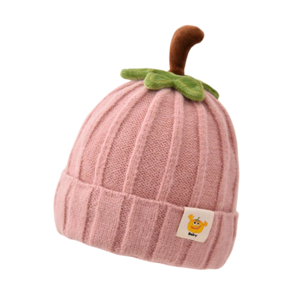 Gorro de invierno tejido para niños en forma de calabaza Circunferencia 42–50 cm 6 meses–3 años Gorro de acrílico con tallo 3D y hojas rosa