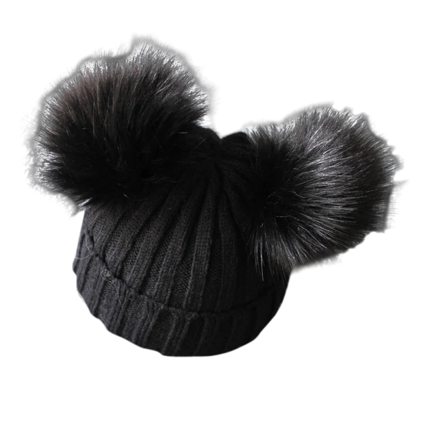 Gorro de lana para niños 1-3 años 14 x 16 cm Con grandes pompones Acrílico Lana Gorro de lana de invierno para bebés negro