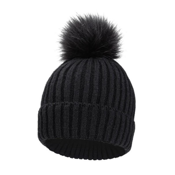 Gorro de lana para niños de 1 a 3 años Circunferencia hasta 60 cm Tejido acanalado elástico Pompon grande Poliéster Gorro de invierno para bebés negro