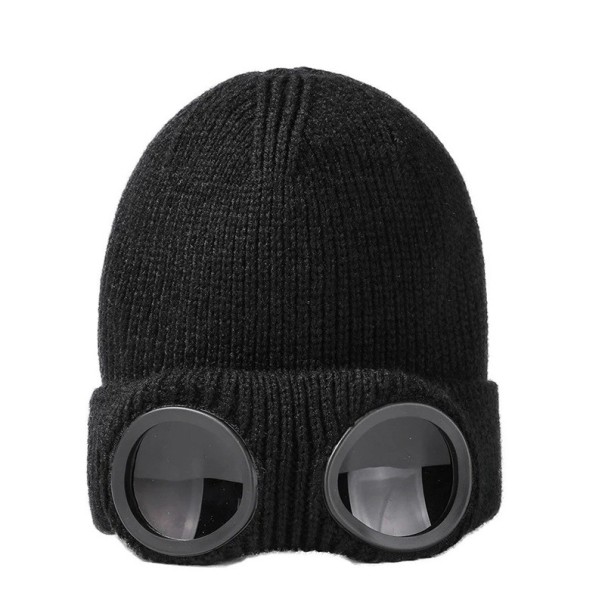 Gorro de malha resistente ao vento com óculos na aba Unisex gorro quente para ciclismo e esqui Gorros desportivos multifuncionais de outono e inverno preto