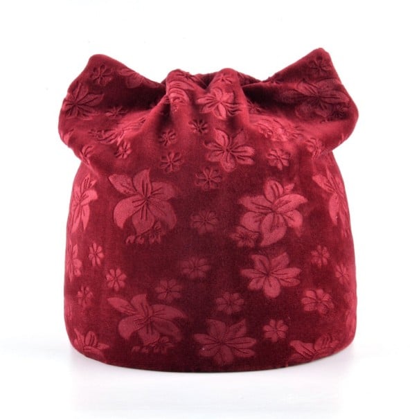 Gorro de mujer con orejas de gato para primavera y otoño Patrón floral en relieve Aspecto de terciopelo suave Acrílico Circunferencia rojo