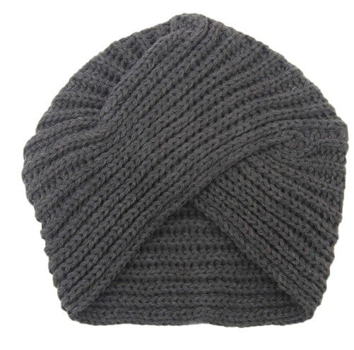 Gorro de mujer tejido en forma de turbante turco con rayas cruzadas sobre la frente Canalé pronunciado Aspecto moderno Material de algodón gris
