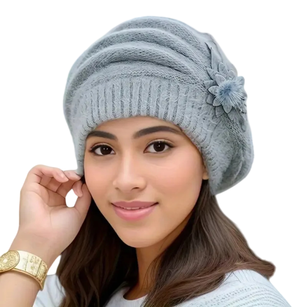 Gorro de punto de invierno para mujer con flor Gorro de lana de felpa gruesa Poliéster Sombrero elegante y cálido para mamás Varios colores Estilo de otoño e invierno gris