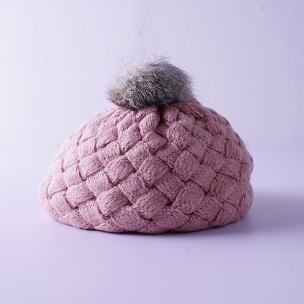 Gorro de punto infantil de invierno con pompón J2473 rosa