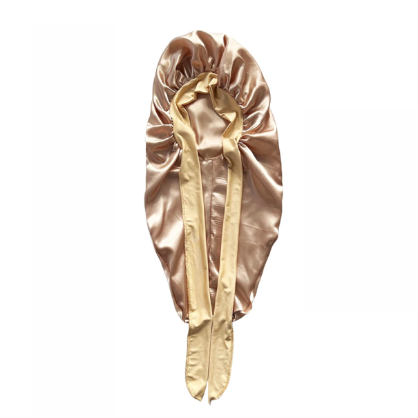 Gorro de seda largo de 68 x 32 cm con banda elástica de satén para la noche, ideal para mujeres, cabello rizado, rastas, trenzas y protección para el peinado. dorado