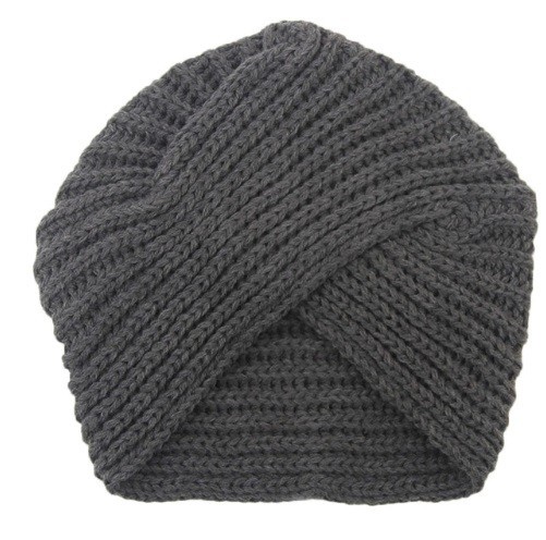 Gorro feminino tricotado em forma de turbante turco com listras cruzadas na testa Ribateado acentuado Aspeto moderno Material em algodão cinzento