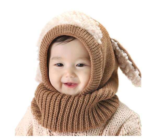 Gorro infantil com cachecol em forma de cão J856 castanho