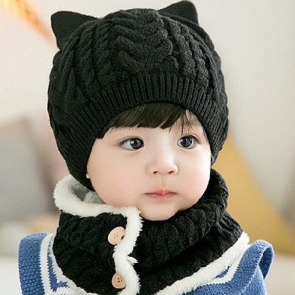 Gorro y pañuelo de punto para niños con orejas negro