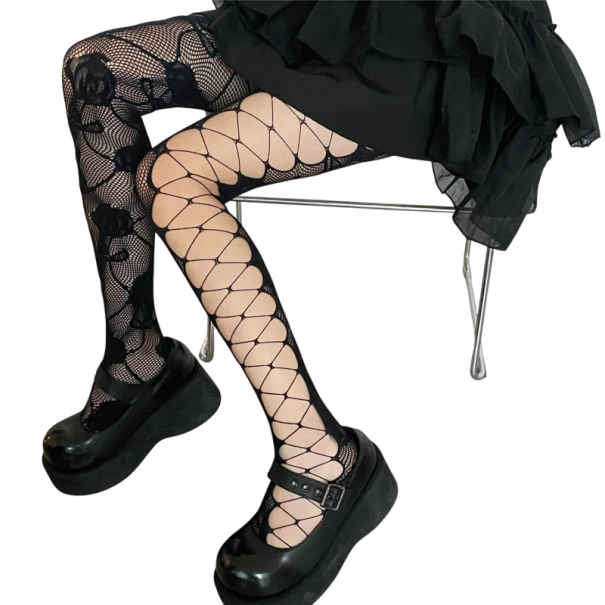 Gotické sieťované pančuchy Lolita Y2K s kvetinovým vzorom, veľkosť EU 34–38 do 178 cm, nylon, na párty, do klubu aj fotografovanie čierna