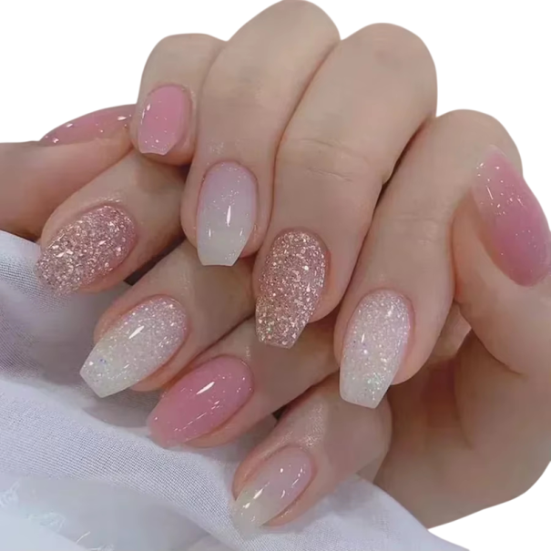 Gradientowe tipsy do paznokci w kształcie coffin 24 szt Ombré przejście z błyszczącym designem Noszone sztuczne paznokcie do domowej manicure 1