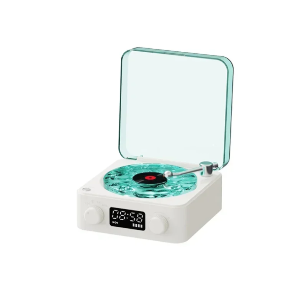 Gramofonin muotoinen kaiutin 14 x 15 x 6,7 cm Bluetooth-tekniikalla tunnelmallisella valolla 4 valkoisen kohinan tilaa TF-kortti AUX valkoinen