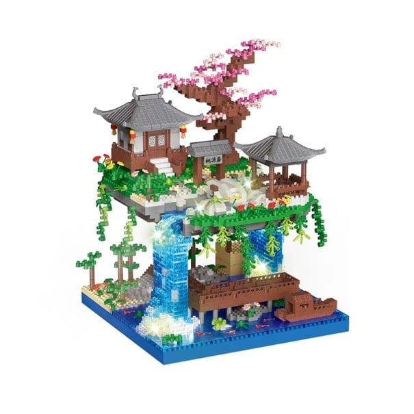 Gran micro construcción Taohuatan 18 x 18 x 22 cm Paisaje chino con luz LED Modelo creativo de lago Decoración cultural inspirada en un famoso 1