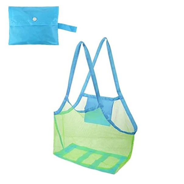 Grand sac de plage en maille colorée avec trou de suspension, sac pliable et respirant pour jouets et objets résistant au sable vert