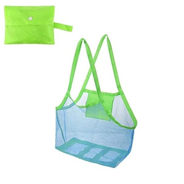 Grande bolsa de praia colorida em rede com abertura para pendurar, dobrável e respirável, bolsa para brinquedos e objetos resistente à areia azul
