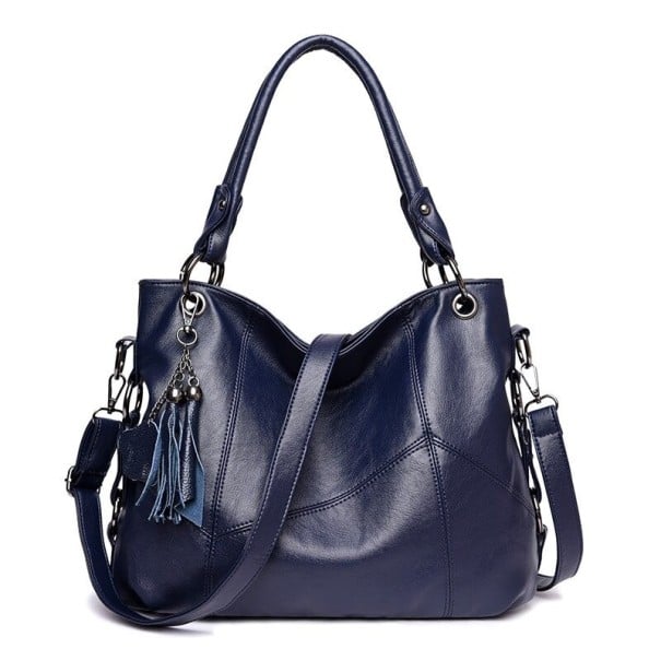 Grande bolsa de senhora para levar à mão ou ao ombro 37 x 27 x 14 cm Com alça superior e alça removível Pompom decorativo e costuras azul escuro