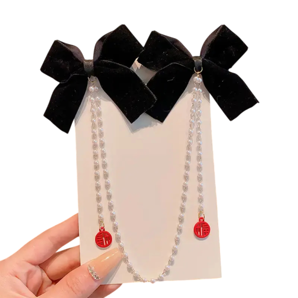 Grande fiocco per capelli con catena di perle e ciondolo decorativo Fermaglio per capelli decorativo Accessorio per capelli elegante nero