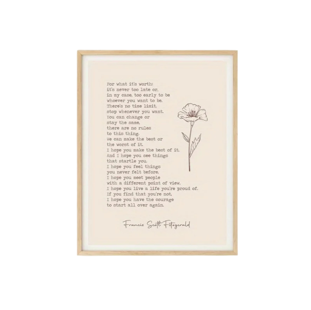 Grande poster con citazione di Francis S. Fitzgerald 40 × 60 cm stampa su tela motivo minimalista chiaro con fiore decorazione per la casa senza cornice 1