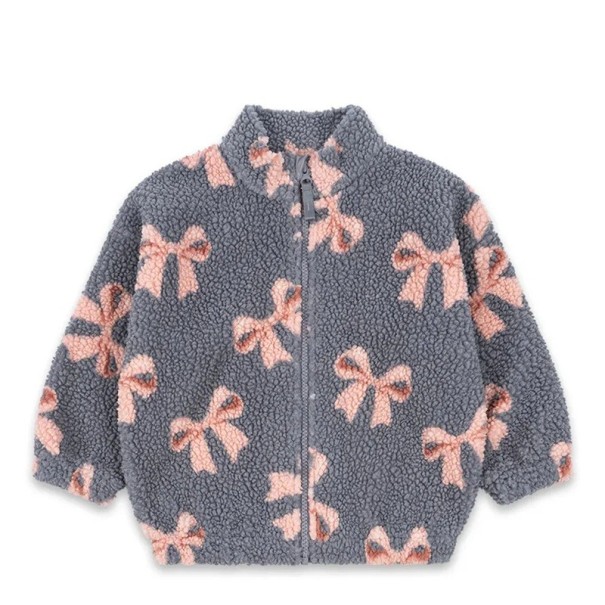 Graue Kinderwinterjacke mit Schleifenmotiv Plüschjacke aus Baumwolle-Polyester mit Reißverschluss und hohem Kragen Warmer bequemer Wintermantel 3