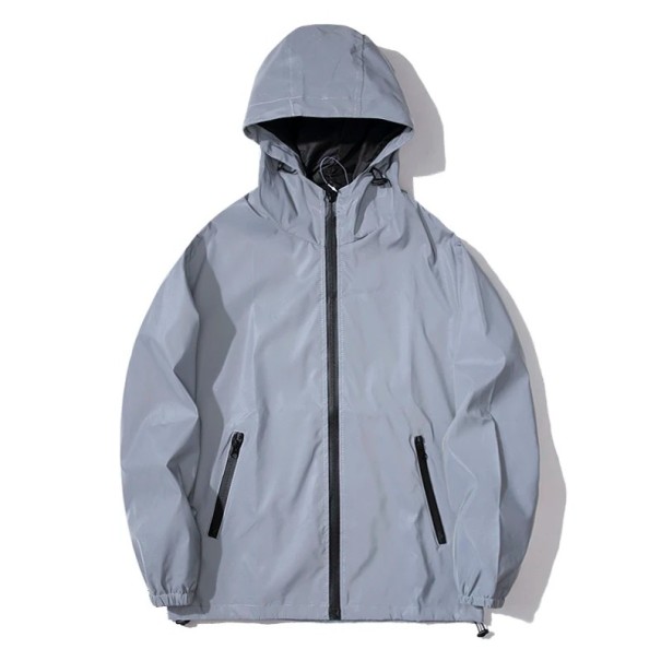 Graue reflektierende wasserdichte Windjacke für Herren mit Kapuze Sportliche Regenjacke mit reflektierendem Effekt Leichte Jacke für Frühling und Herbst XXL