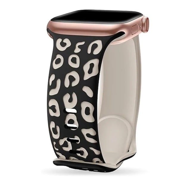 Gravírovaný remienok 46 mm pre Apple Watch Series 10 Silikónový pásik s leopardím vzorom Nastaviteľná veľkosť Prémiový silikón sivo-čierna
