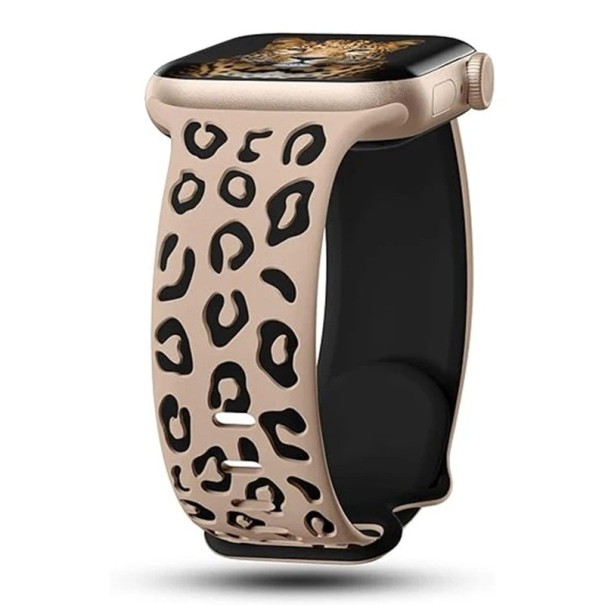 Gravírovaný řemínek 42 mm 44 mm 45 mm 49 mm pro Apple Watch řady 1–9 SE SE2 Ultra Silikonový pásek s leopardím vzorem Nastavitelná velikost Prémiový silikon černo-meruňková