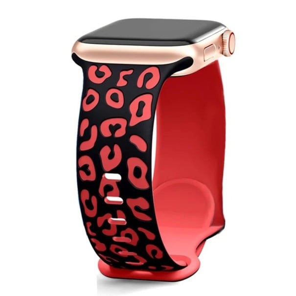 Gravírovaný řemínek 46 mm pro Apple Watch Series 10 Silikonový pásek s leopardím vzorem Nastavitelná velikost Prémiový silikon pohodlné uchycení černo-červená