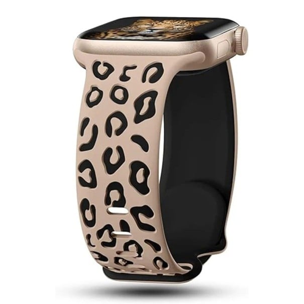 Gravírovaný řemínek 46 mm pro Apple Watch Series 10 Silikonový pásek s leopardím vzorem Nastavitelná velikost Prémiový silikon pohodlné uchycení černo-meruňková